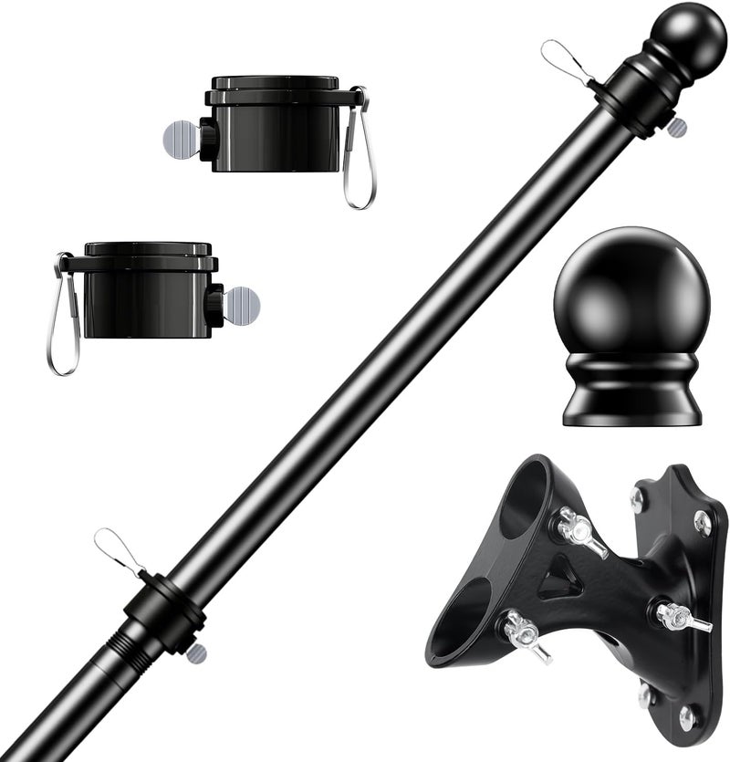 PHITRIC Flag Pole Kit, Tangle Free Spinning Stainless Steel Rustproof Flagpole for 3x5 Sports Fan Outdoor Flags for Outside House (Black, 5FT, with Bracket) - Image 1